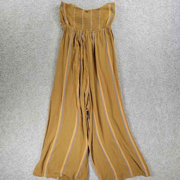 O'Neill Lahaloo Striped Jumpsuit Womens S Gold Strapless Smocked Bandeau Boho - Picture 9 of 12